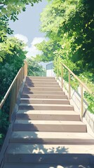 Vertical staircase view with light wooden steps and bold railings