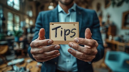 Man in Suit Offering Helpful Tips Advice Guidance Showing Card Businessman Presenting Suggestions Professional Help Support