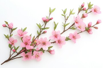 Obraz premium Diagonal Pink Cherry Blossom Branch with Green Leaves Isolated on White Background