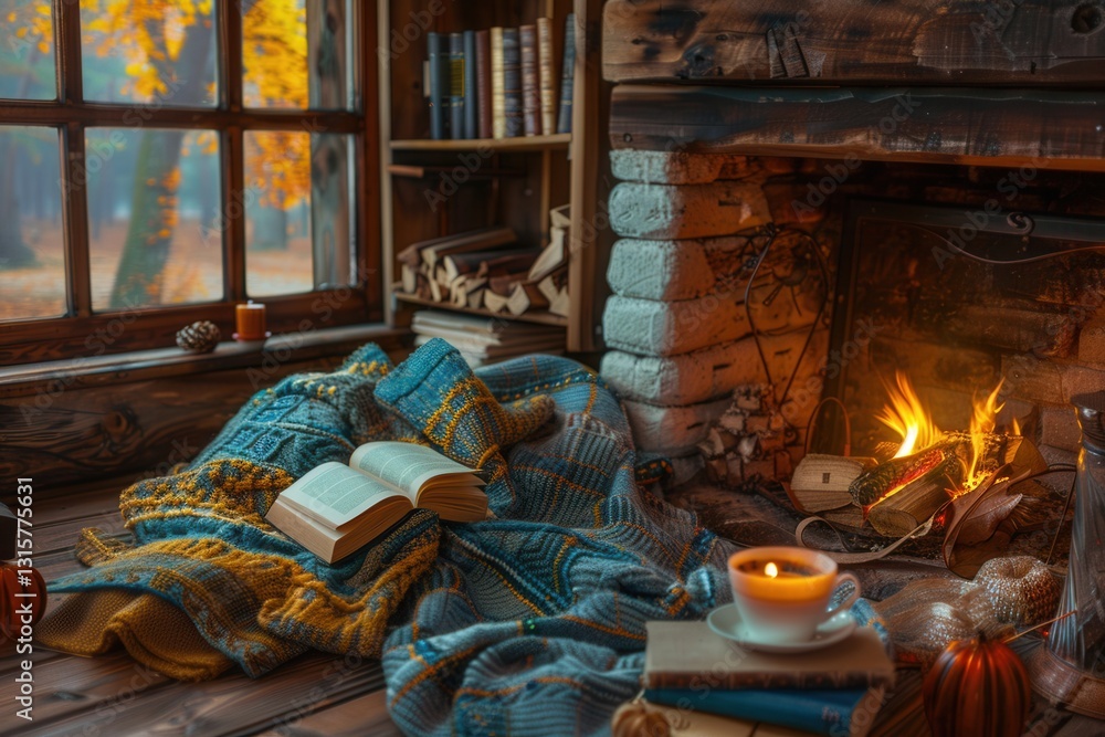 Poster cozy autumn evening with a book and hot drink by the fireplace in a rustic setting