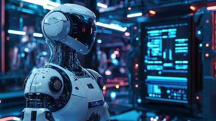 Fototapeta premium Futuristic Robot in High-Tech Environment with Glowing Neon Lights and Digital Interface
