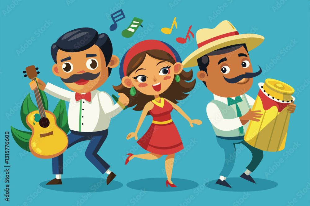 Poster a lively group of three friends joyfully creating salsa music while dancing and playing instruments,