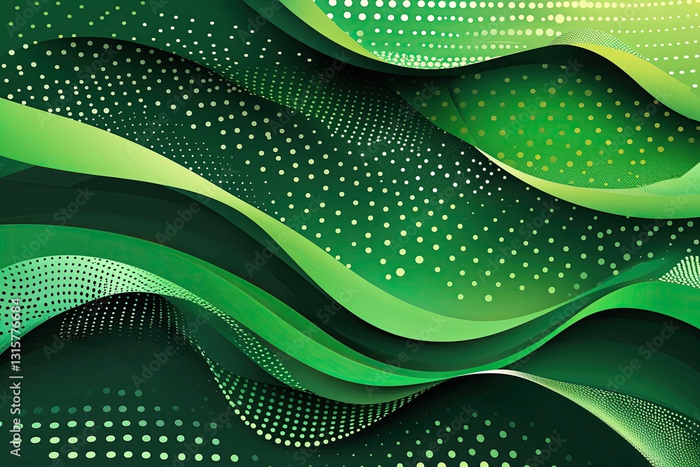 Poster abstract green background with curved halftone dots and wavy lines
