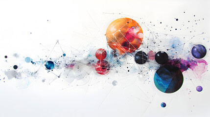 of a molecular structure made of geometric shapes, with atoms represented by spheres, interconnected by light beams, on a white background 