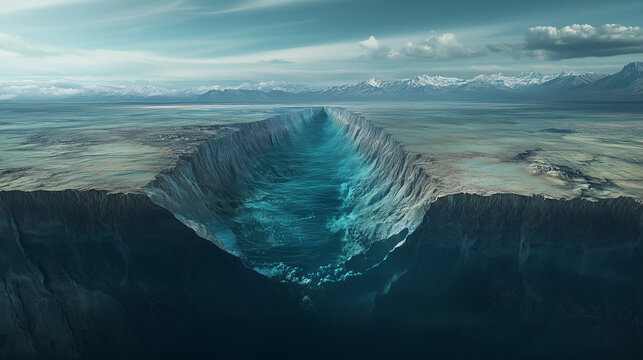 A continental rift is shown with emerging ocean water, and an African landscape silhouette is presented, indicating accelerated geological change.