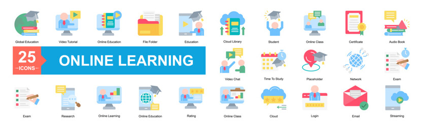 Online Learning Icon Sheet Global Education, Exam, Video Tutorial, Online Education, File Folder, Education, Cloud Library, Student, Online Class, Certificate, Audio Book, Exam, Research