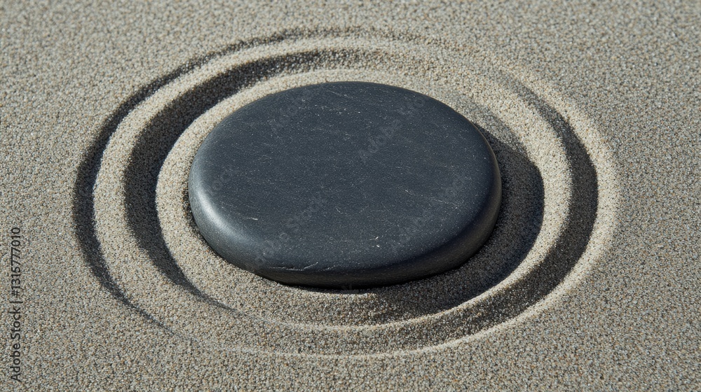 Fototapete centered smooth stone on sand with concentric circles representing stability and inner strength in a