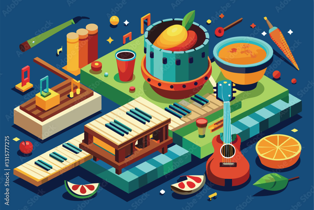Poster an engaging display of customizable salsa music instruments with fresh fruits and lively elements, s