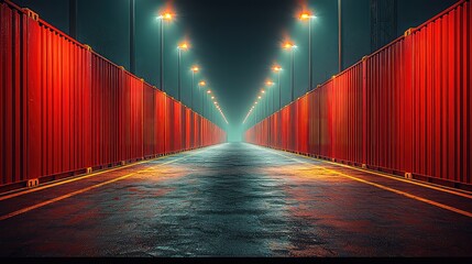 Night Scene of Red Shipping Containers Lining a Wet Asphalt Road with Bright Streetlights Illuminating the Dramatic Pathway at Night