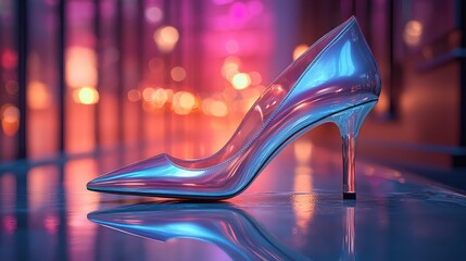Reflective Silver High Heel Shoe on Glass Surface at Night with City Lights Bokeh Background