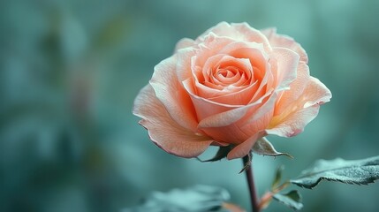 Close-up of a Delicate Peach Rose Blossom in Soft Focus, Gentle Light and Shallow Depth of Field, Showcasing its Petals' Exquisite Texture and Subtle Color Gradations.