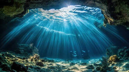 Dramatic Sun Rays Penetrating Deep Blue Water in Underwater Cave or Cavern