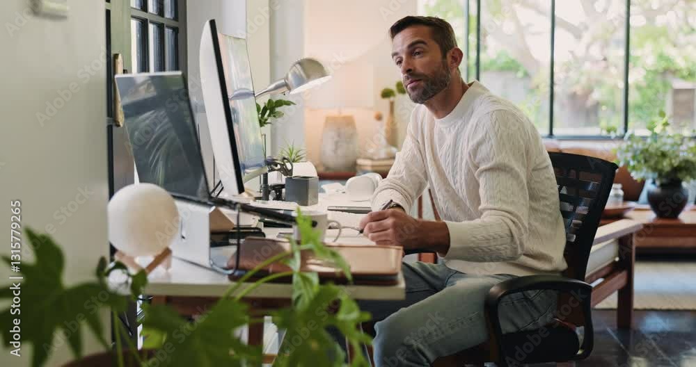 Poster notebook, thinking and writing with man in home office for remote work or startup business. administ