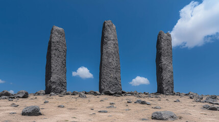 Ancient Stone Monuments Against Clear Blue Sky with Clouds and Rocky Terrain