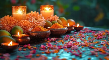 Aromatic Turmeric Powder Ceremony with Candles and Mangoes, Illuminated by Soft Candlelight,  Floral Decorations and Pink Petals Scattered on Dark Wooden Table