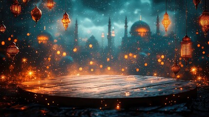 Magical Ramadan Night Scene with Glowing Lanterns and Wooden Table Display for Festive Product Placement