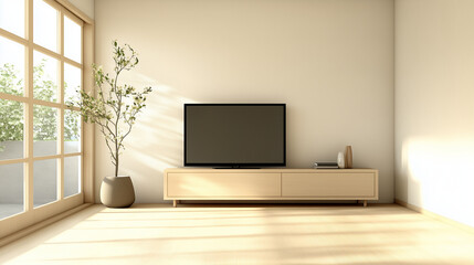 Fototapeta premium minimalist living room interior with a tv, wooden cabinet, plant, and sunlight streaming through a large window. neutral color palette creates a peaceful atmosphere.