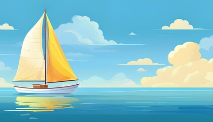 Naklejka premium Cartoon illustration of a sailboat in the sea with blue sky background. Sailing boat on the sea. Sailing ship on the sea. yacht in the sea. copy space image.