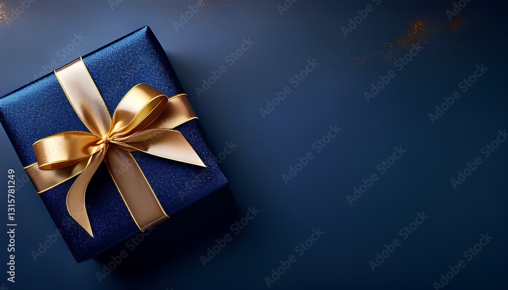 Poster blue gift box with golden ribbon on a dar background with copy space.