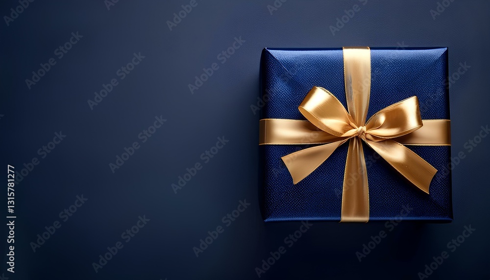 Poster gift box with golden ribbon on the dark background with copy space.
