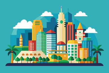 Obraz premium Discover the colorful skyline of Sao Paulo, showcasing various iconic buildings and lush greenery, Sao paulo Customizable Flat Illustration