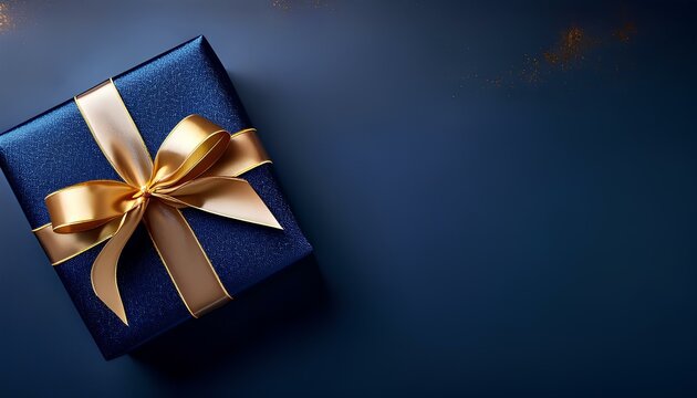 blue gift box with golden ribbon on a dar background with copy space.