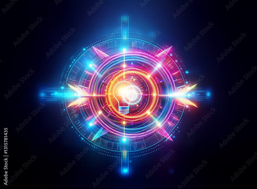 Poster vibrant double exposure art featuring glowing concentric circles and lines radiating outward, creati