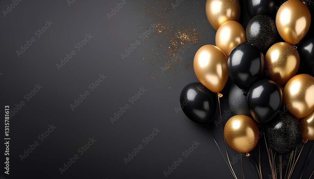 Poster black and gold balloons on a dark background with copy space to add text and design. sparkling elega