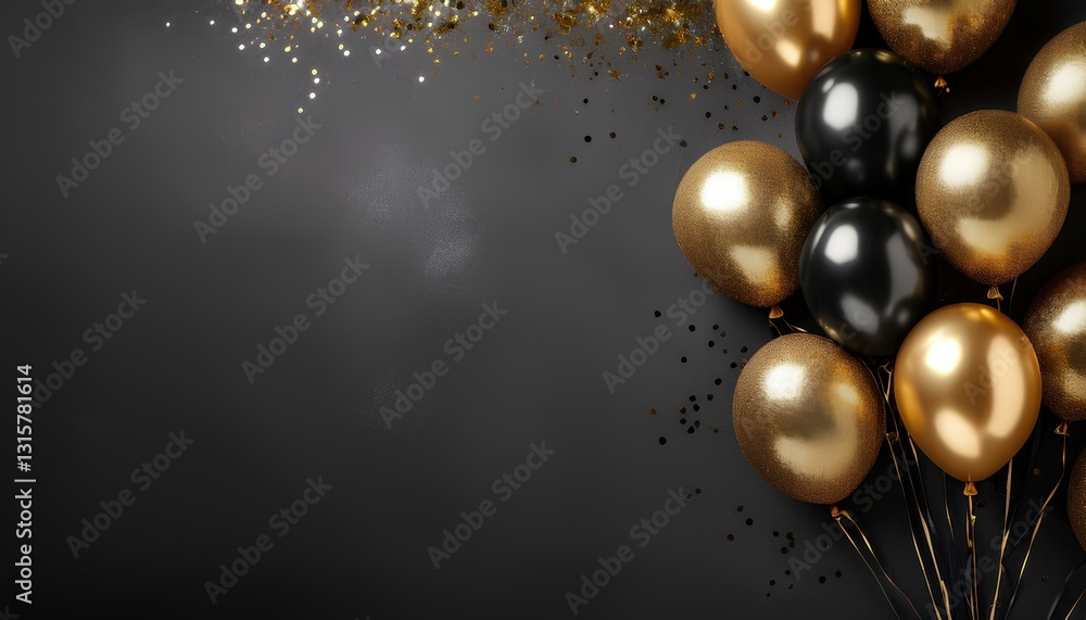 Poster black and gold balloons on a dark background with copy space to add text and design. sparkling elega