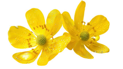 Two yellow buttercup flowers with water drops on transparent background