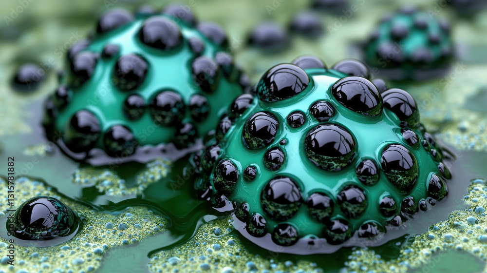 Poster close-up view of green and black bubbles on a colorful surface with a glossy texture