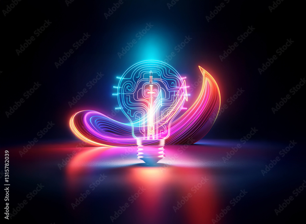 Poster vibrant, neon lightbulb with circuit design utilizes double exposure effect, blending technology wit