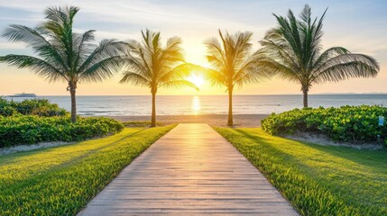 Obraz premium Peaceful Sunrise on Tropical Beach Pathway