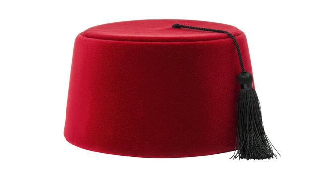 Traditional red fez hat with velvet texture, black tassel