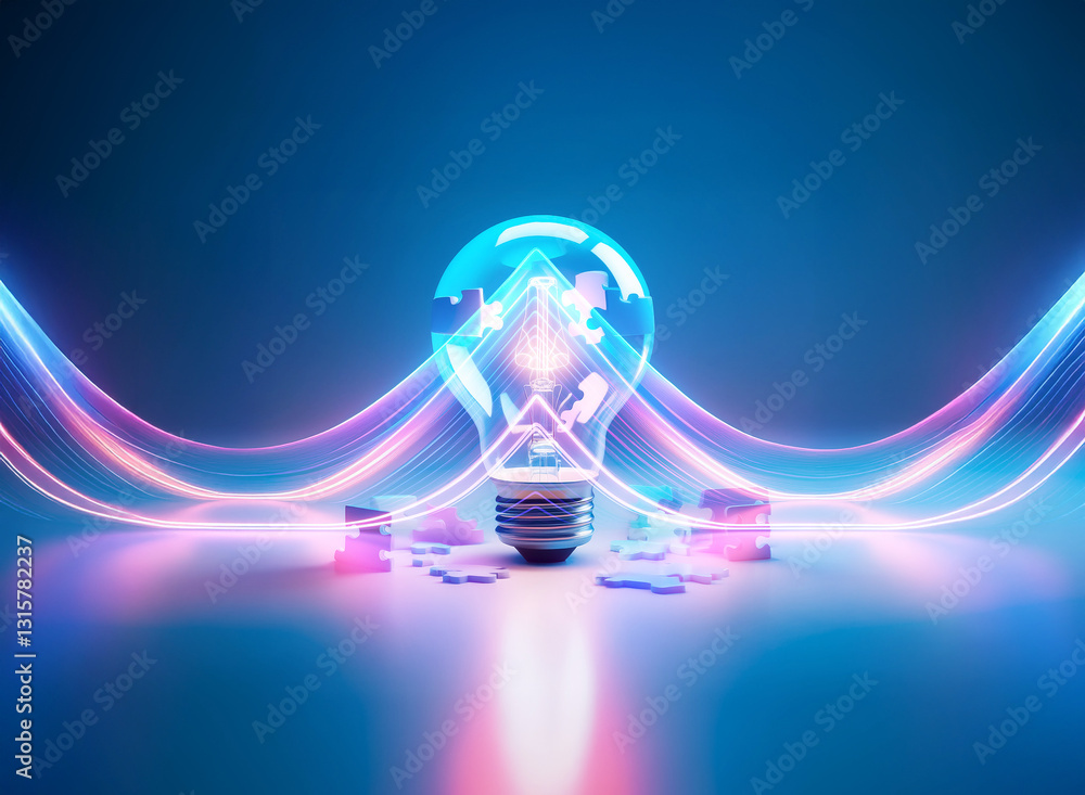 Poster double exposure art featuring a glowing light bulb merging with abstract shapes and vibrant lines. b