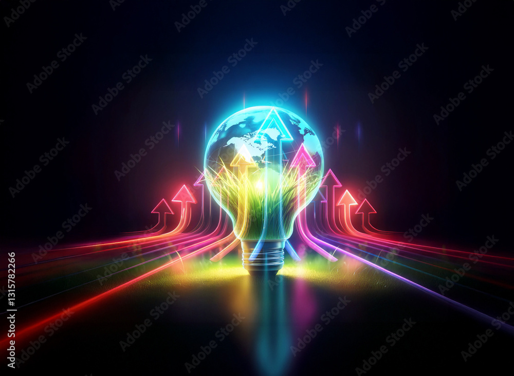 Poster a double exposure image shows a light bulb containing a world map with vibrant arrows pointing upwar