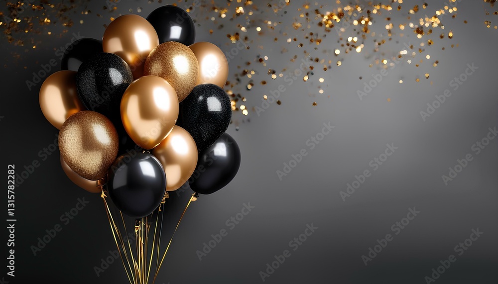Poster black and gold balloons on a dark background with copy space for add text.