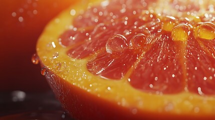 Close-up of a juicy blood orange slice with droplets of water.