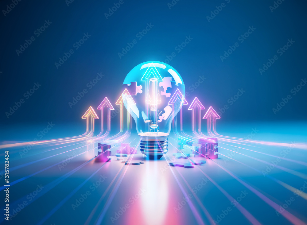 Aufkleber glowing light bulb with a world map inside uses double exposure, illuminating arrows and coins. brig