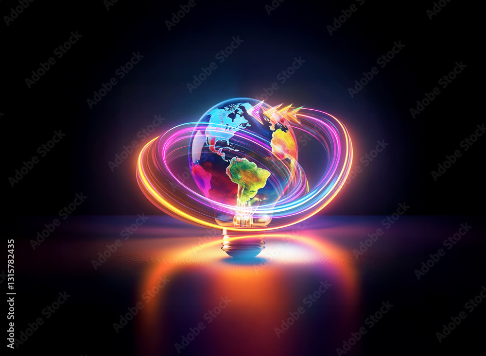 Poster a vibrant globe with luminous rings encircles it in a double exposure effect, set against a dark bac