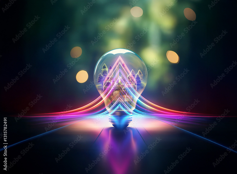 Poster glowing lightbulb with a double exposure effect showing abstract colorful shapes inside. neon light 