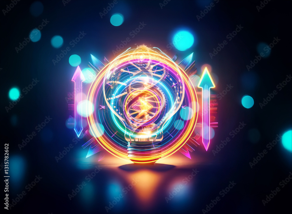 Poster a double exposure image showcases a luminous light bulb shape encasing a dna strand, flanked by vibr