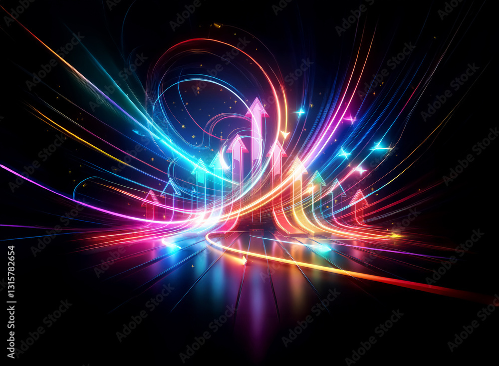 Poster a double exposure effect reveals vibrant light trails shaped like arrows pointing upward on a black 