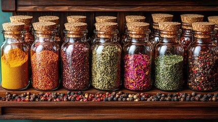 Aromatic Spice Collection in Glass Jars on Wooden Shelf, Colorful Herbs and Spices,  Culinary Ingredients,  Gourmet Food Photography, Rustic Kitchen Setting