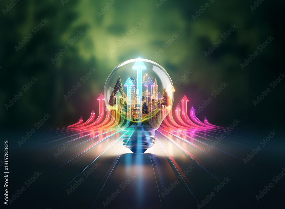 Poster double exposure art merges a city within a lightbulb. colorful arrows project outwards, creating a v