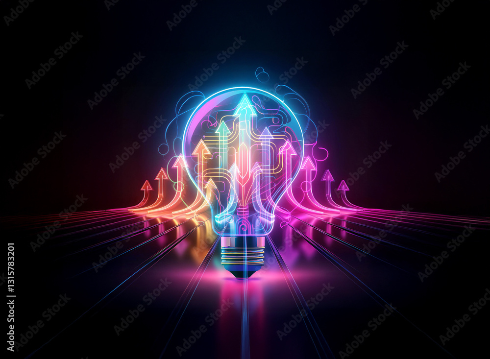 Poster a vibrant double exposure image of a neon lightbulb filled with glowing arrows pointing upwards agai