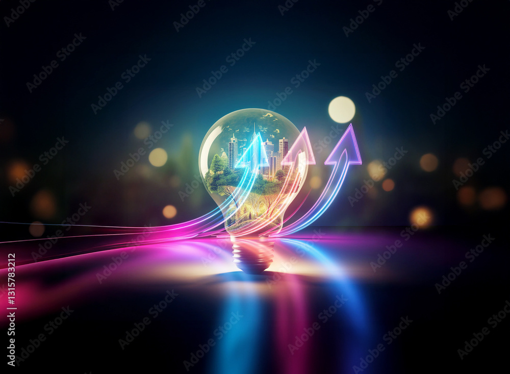 Wall mural a double exposure image shows a lightbulb with glowing arrows pointing upwards, symbolizing bright i