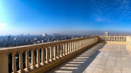 Cityscape panorama from a rooftop terrace, pale yellow balustrade, clear blue sky, distant pyramids