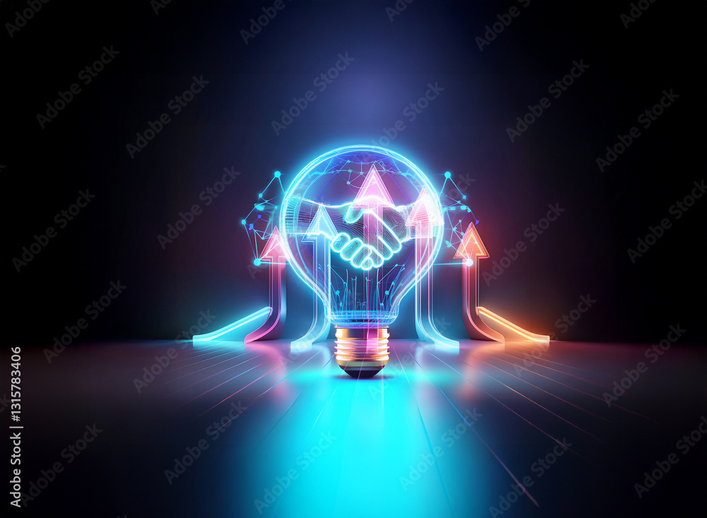 Aufkleber neon lightbulb with a handshake inside, suggesting collaboration and ideas. arrows point upwards in 