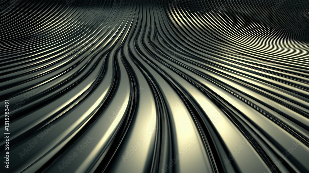 Poster smooth metallic waves with elegant curves reflecting soft light in abstract design